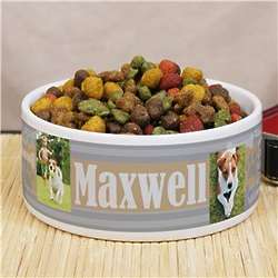 Personalized 2 Photo Woof & Pawprints Striped Pet Food Bowl