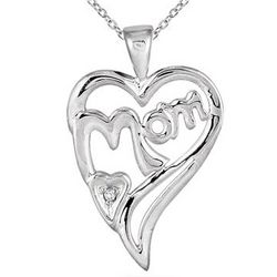 Mom Diamond Heart Pendant in 14K White Gold