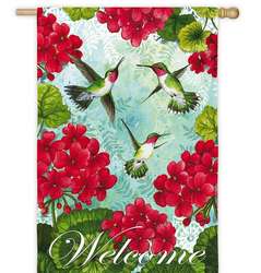 Hummingbird Trio and Geraniums Welcome House Flag