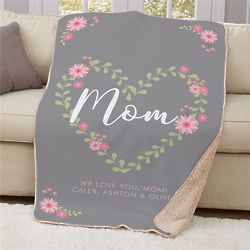 Personalized Mom Floral Heart Sherpa Throw