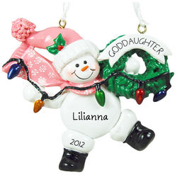 Personalized Goddaughter Pink Snowman Ornament