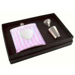 Personalized Genuine Pink Striped Leather Flask Gift Set