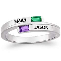 Sterling Silver Couple's Name and Baguette Birthstone Ring