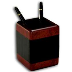 Wood and Black Leather Pencil Cup