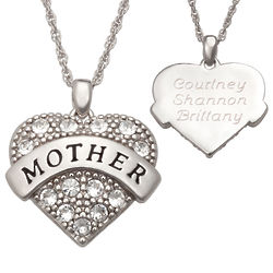 Mother's Rhodium-Plated Heart Pendant with Crystals