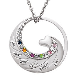 Personalized Family Name & Birthstone Circle with Heart Necklace