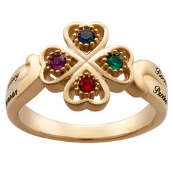 Personalized Birthstones and Names 4-Leaf Clover Hearts Ring