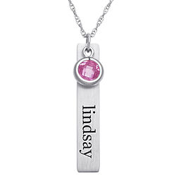 Personalized Brushed Sterling Silver Tag Pendant with Birthstone