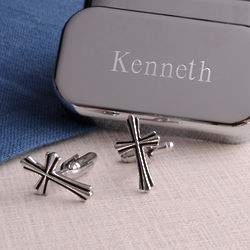 Silver Cross Cufflinks with Personalized Case
