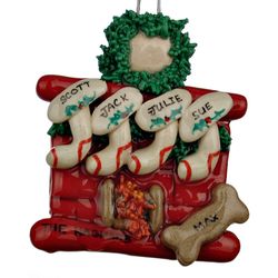 Fireplace 4 Stockings with Bone Personalized Christmas Ornament