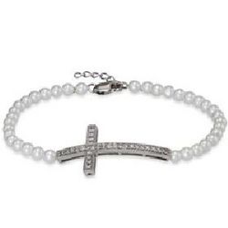 Sterling Silver Pearl Sideways Cross Bracelet