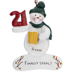Personalized Turning 21 Snowman and Beer Christmas Ornament
