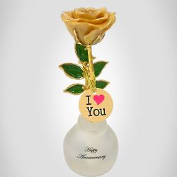 24k Gold Rose in Vase with Gold Charm