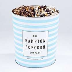 3.5 Gallons of Hampton Popcorn in Blue and White Tin