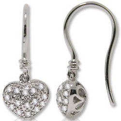 14k White Gold and Diamond Heart Drop Earrings
