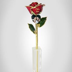 Red and Gold Personalized Rose in Vase with Heart Photo Charm