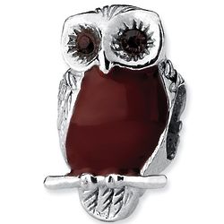 Red Enamel Owl Bead in Sterling Silver with CZ Eyes