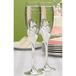Personalized Silver-Plated Double Heart Toasting Flutes
