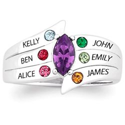 Silvertone Mother's Marquise Birthstone Family Name Ring