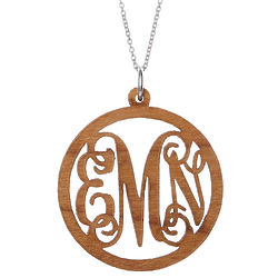 Personalized Fancy Script Monogram Wood Carved Necklace