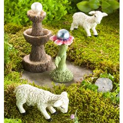 Miniature Fairy Garden Sheep, Gazing Ball, and Fountain