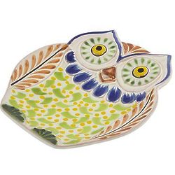 Curious Green Owl Majolica Ceramic Dish