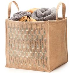 Large Jute Storage Bag with Feather Print