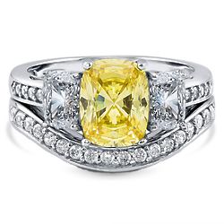 Sterling Silver Cushion Cut Canary Yellow CZ 3-Stone Ring Set