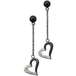 Black Tone Stainless Steel Crystal Heart Drop Earrings
