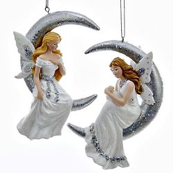 2 White and Silver Moon Fairy Ornaments
