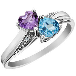 Blue Topaz and Amethyst Double Heart Ring with Diamonds