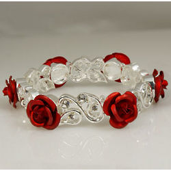 Silvertone Red Rose and Crystal Bracelet
