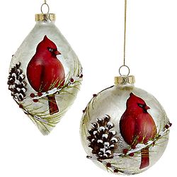 2 Cardinal with Pine Cone Glass Ornaments
