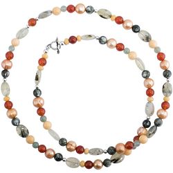 Silver & Shades of Citrus & Pearl 32 Inch Beaded Necklace