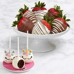 3 Unicorn Chocolate Brownie Pops & 6 Dipped Swizzled Strawberries