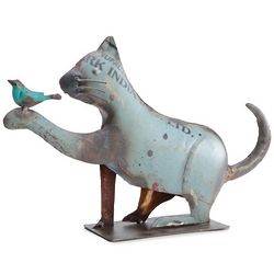 Recycled Metal Cat and Bird Sculpture