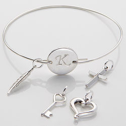 Personalized Silver Initial Bangle Bracelet with Charms