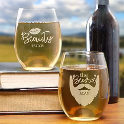 Personalized Beauty and the Beard Stemless Wine Glass Set