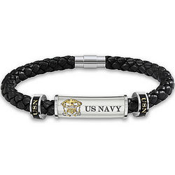 Personalized US Navy Leather and Stainless Steel Bracelet