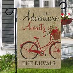 Personalized Adventure Awaits Bicycle Burlap Flag