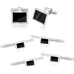 Black Onyx and Sterling Silver Cuff Links and Shirt Studs Set
