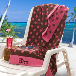 Pink & Brown Polka Dot Oversized Personalized Beach Towel