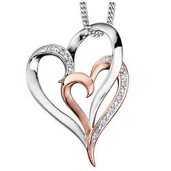 Double Heart Diamond Pendant Necklace in 10K Rose and White Gold