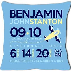 Birth Announcement Blue Baby Airplane Pillow