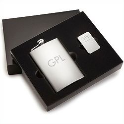 Shiny Stainless Steel Flask and Lighter