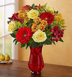 Autumn Joy Bouquet with Red Vase