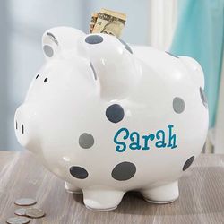 Personalized Piggy Bank with Grey Polka Dot Design