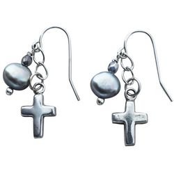 Silver Hook Earrings with Platinum Freshwater Pearl and Cross