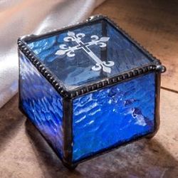 Engraveable Cross Topped Blue Stained Glass Keepsake Box