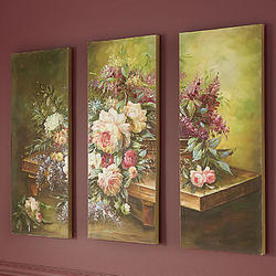 Handpainted Florals On Bench Canvas Triptych Print